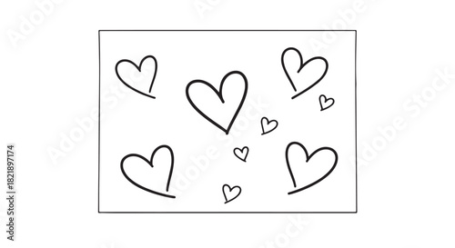 Assorted hand-drawn heart doodles inside a simple rectangular frame.