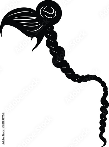 Stylized elegant braided hairstyle silhouette with decorative elements, a classic intricate plait design ideal for graphic projects isolated on transparent background, Vector