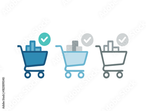 Colorful shopping cart icons with checkmarks indicating completed online purchases