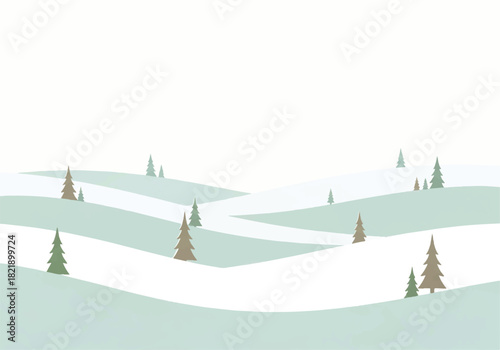 Minimalist winter landscape illustration featuring snow-covered hills and scattered evergreen trees under a bright, overcast sky.
