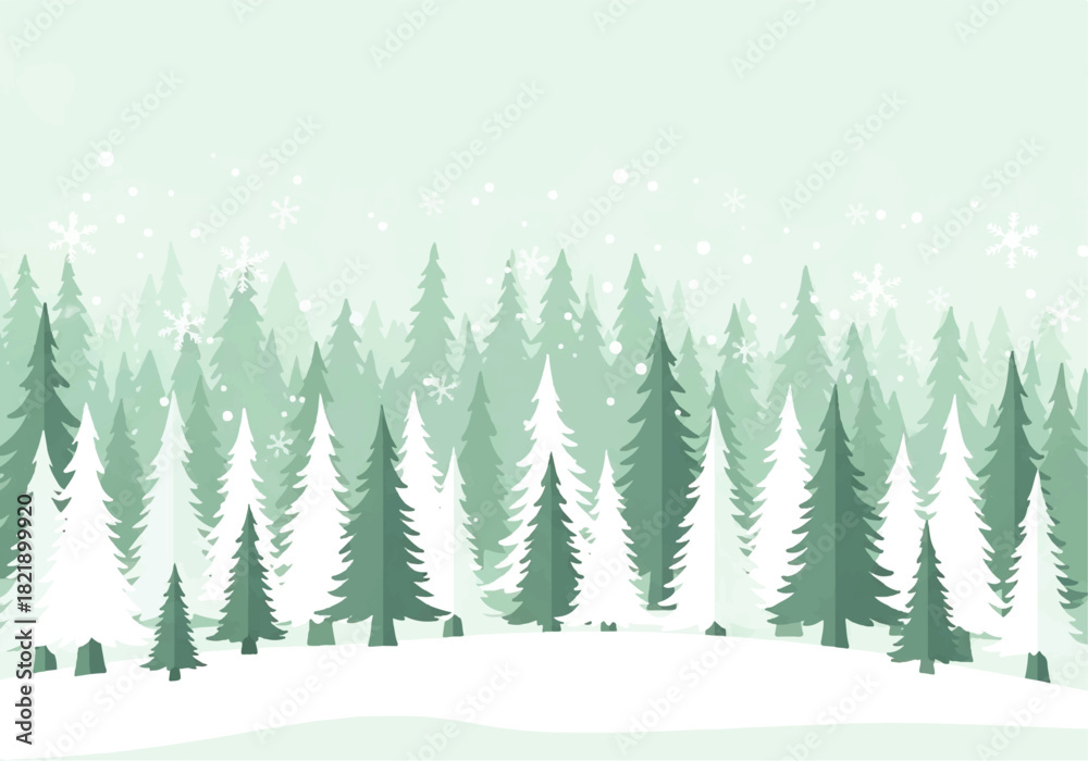 Obraz premium A winter scene depicting a forest of stylized evergreen trees covered in snow, with snowflakes falling in the background.