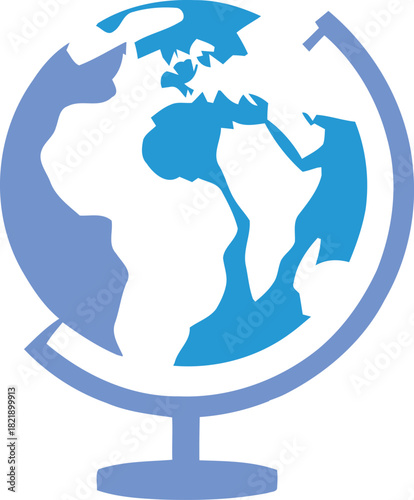 Stylized blue and white desk globe illustration showing continents, ideal for concepts of global education, travel, geography, and world connections. isolated on transparent background, Vector
