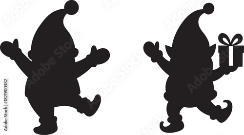 Vector Silhouette Set of Two Christmas Elves, One Waving and One Holding a Gift