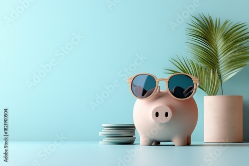A trendy piggy bank wearing sunglasses sits beside a green plant, creating a modern and fun representation of savings, finance, and an enjoyable approach to money management.