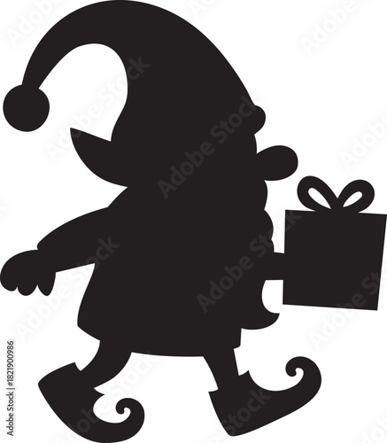 Christmas Elf Silhouette Carrying Gift - Holiday Vector Graphic