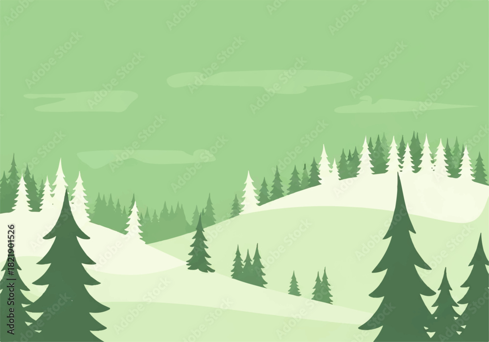 Obraz premium A serene, stylized landscape featuring rolling hills dotted with evergreen trees under a cloudy, muted green sky.
