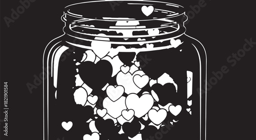 Illustrated Mason Jar Full of Hearts Emblem on Dark Background.