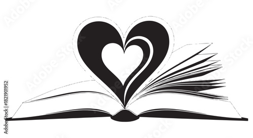 Illustration of an open book with a heart formed by its pages, symbolizing love of reading and imagination.