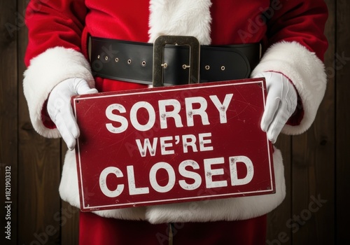 Santa claus holding a red sign that says sorry were closed in white letters, representing the end of the holiday season or a shop closure during christmas time
