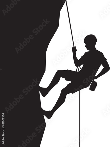 Vector Silhouette of an Adventurous Man Rappelling Down a Steep Rock Face