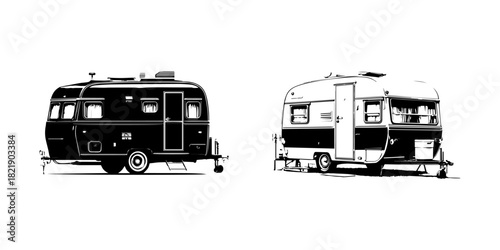 Classic camper vans showcasing distinct designs in monochrome style, highlighting unique features and retro appeal