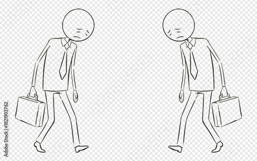 Tired Office Worker Walking Down Hallway – Sad Stick Figure Illustration