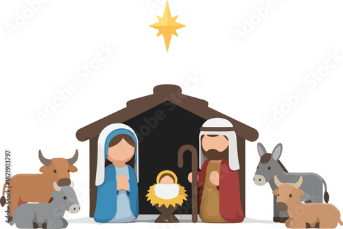 The Nativity Scene: An illustration of the nativity scene, capturing the sacred family of the Christian faith with the holy star above the shed