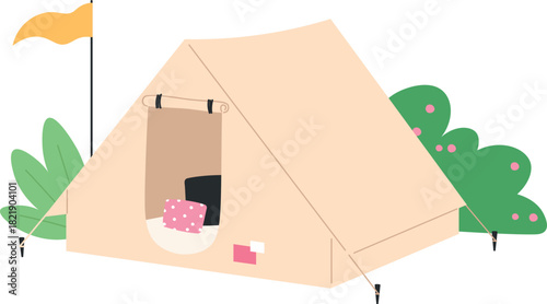 A tent with a yellow flag on top