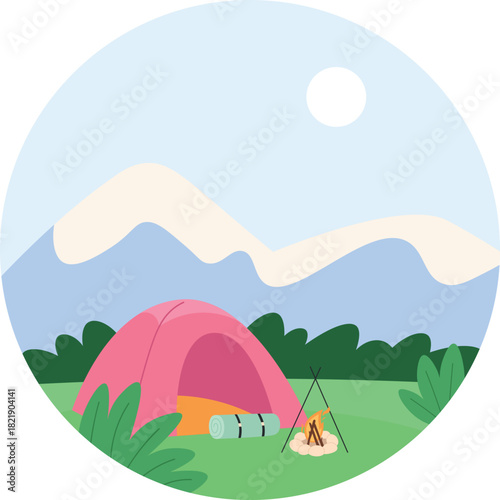 A pink tent is set up in a grassy field with a fire pit nearby