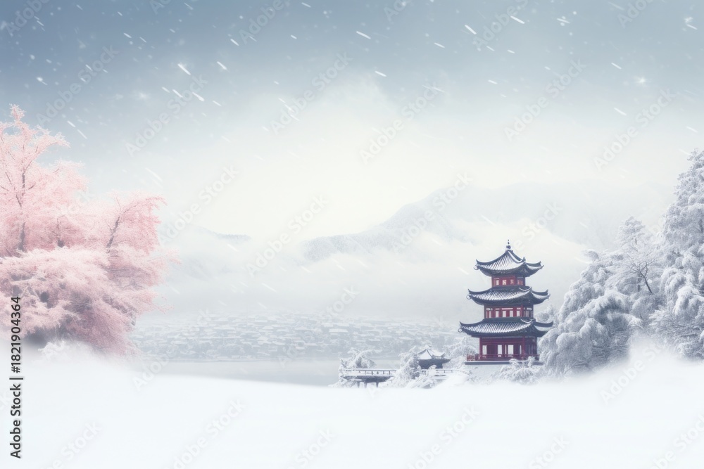 Fototapeta premium Snow chinese Style snow architecture building.