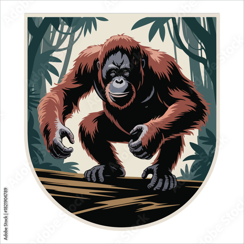 Majestic orangutan crouching on a log in a lush jungle vector illustration