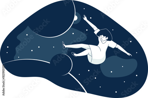 A cartoon of a person falling through the sky