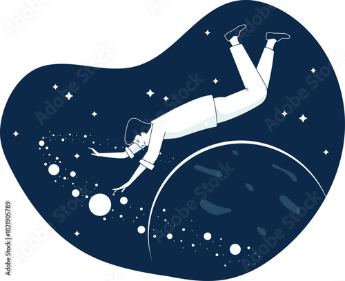 A man is falling through space with a planet in the background