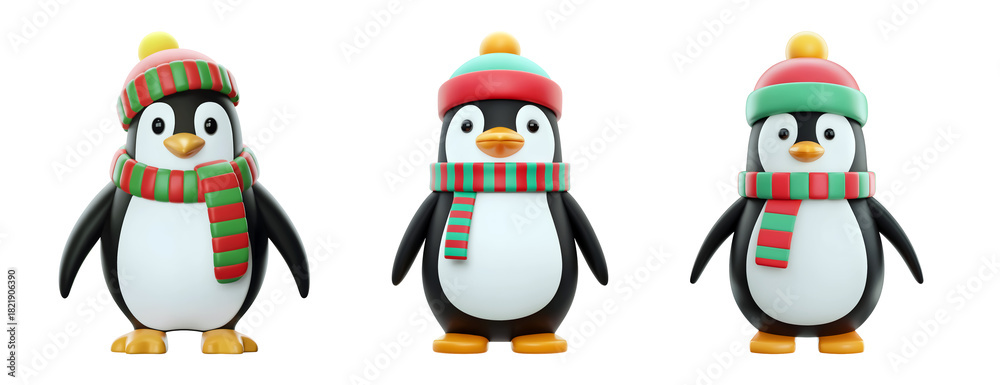 Fototapeta premium Festive 3D penguins wearing colorful hats and scarves bring cheerful winter holiday vibes to your designs isolated on png transparent background