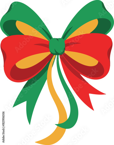 Festive Bow: An artful and vibrant illustration of a decorative bow, meticulously crafted with striking hues of red, green, and gold. Perfect for holiday celebrations and gift-giving