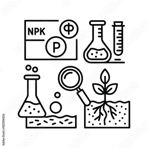 Soil science and plant nutrition research with laboratory equipment icon