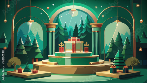 Very beautiful podium pedestal product display set against a green background featuring stylized Christmas trees, creating a festive and elegant holiday-themed scene for showcasing products.