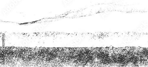 Black and white textured abstract landscape with rough ground and distant hills background