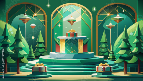 Very beautiful podium pedestal product display set against a green background featuring stylized Christmas trees, creating a festive and elegant holiday-themed scene for showcasing products.