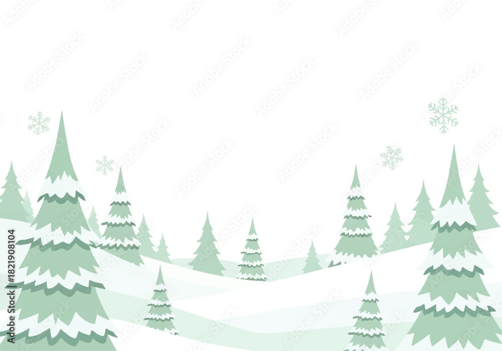Obraz premium Winter landscape illustration with snow-covered evergreen trees and falling snowflakes against a white background.