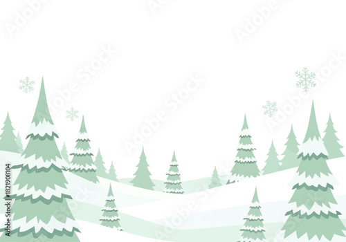 Winter landscape illustration with snow-covered evergreen trees and falling snowflakes against a white background.