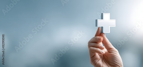 A human hand holding or reaching for a white medical cross symbol on a solid blue background