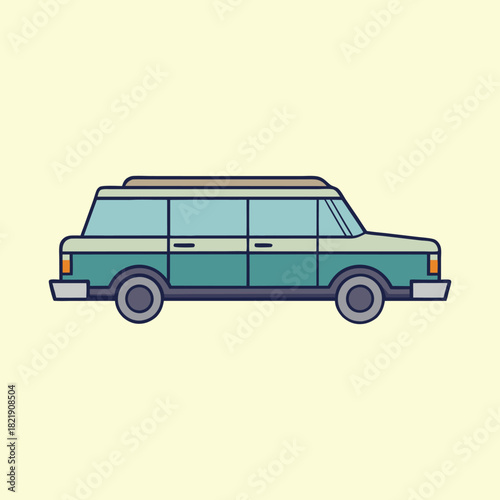 Cartoon style teal limousine with a cream background and blue accents