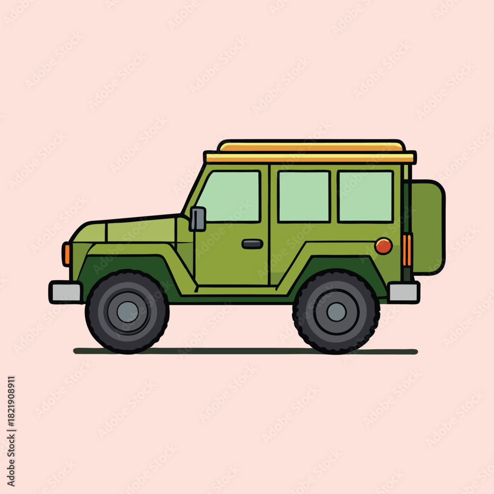 Obraz premium Olive Green OffRoad Vehicle with Bold Outline and Yellow Roof Rack