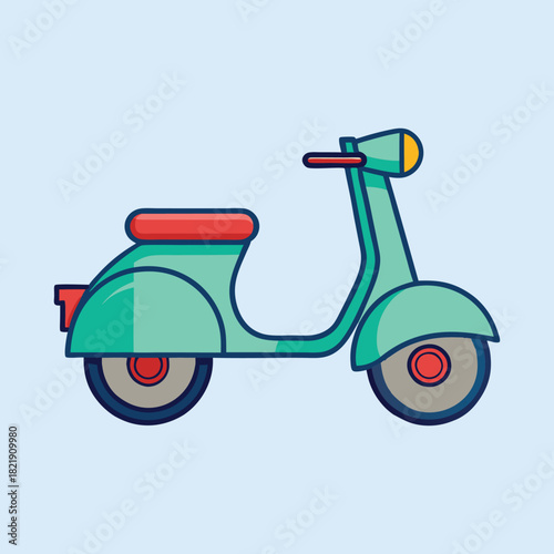 Cartoon style scooter in teal and red on light blue background