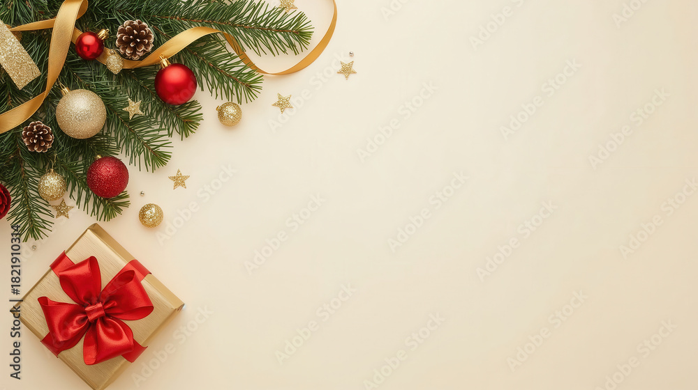Fototapeta premium Decorazioni natalizie con rami di abete e regalo su sfondo beige. Generative AI 