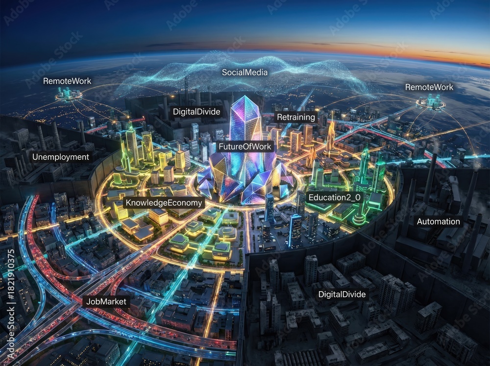Obraz premium Future of Work and Society Concepts in a Digital City