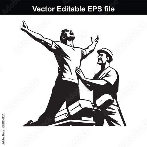 Two men celebrating success with arms outstretched and a supportive gesture, isolated on white background