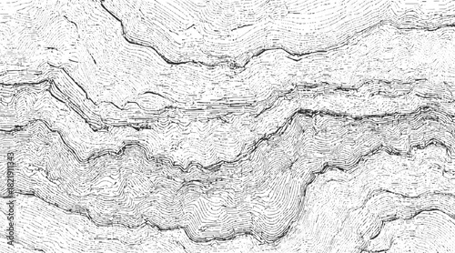 Black and white topographic contour lines forming abstract landscape pattern background