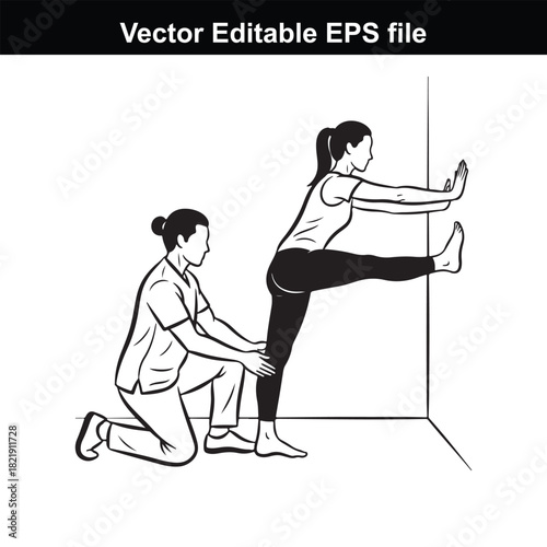 Physical therapist assisting a patient with a hamstring stretch against a wall, vector illustration