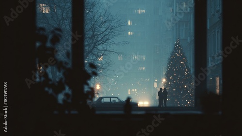 Fototapeta Naklejka Na Ścianę i Meble -  A view of a city apartment window from the street, showing the silhouette of people decorating their small tree inside,