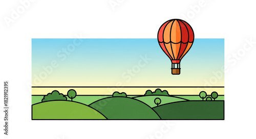 Whimsical hot air balloon soaring over rolling green hills, perfect for children's book illustrations or travel agency marketing materials