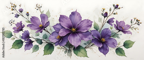 abstract water color brash painting minimalist purple and royal blue transparent flowers with branches with green Patels, golden line patels edge, clean, illustrated vector style, in a white backgroun