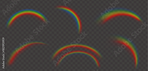 Realistic transparent rainbow arc overlays set, colorful transparent light effects on isolated vector background for photo and sky design