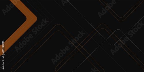 Black abstract wide horizontal banner with orange and gray lines, arrows and angles. Dark modern sporty bright futuristic abstract background. Wide vector illustration EPS10.