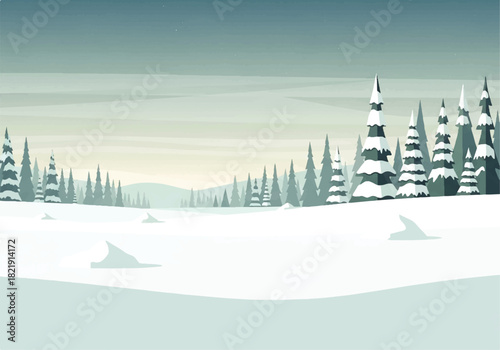 A serene winter landscape featuring snow-covered ground and evergreen trees under a muted, overcast sky.