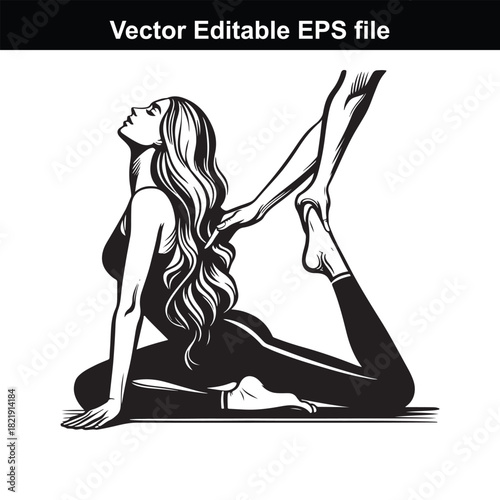 A graceful woman in a yoga pose, demonstrating flexibility and strength in a black silhouette against a white background