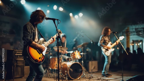 Energetic music band performs on stage during a lively concert with guitarists showcasing their talent and excitement in front of an enthusiastic audience