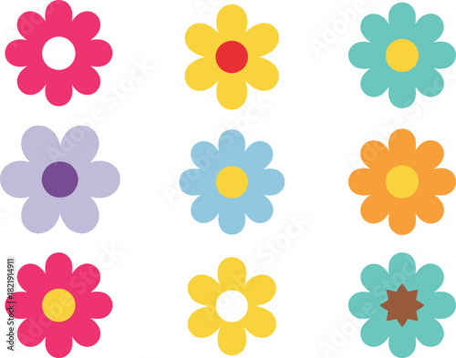Set of nine colorful, simple flower icons in yellow, red, blue, and pink, representing spring, nature, floral decoration, and garden symbols.