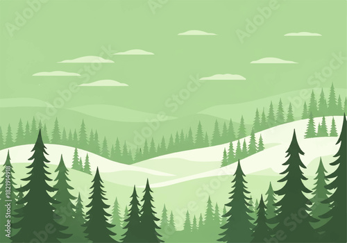 A stylized illustration of a green forest landscape with rolling hills and evergreen trees under a cloudy sky.